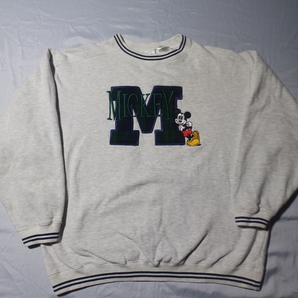 Vintage 1990s 90s Mickey Mouse Disney Embroidered Gray grey Sweatshirt, Large